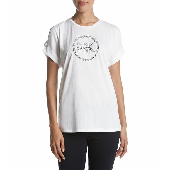 New! MICHAEL KORS Women's MK Circle Logo Cold-Shoulder Top Blouse Color White - Picture 1 of 7